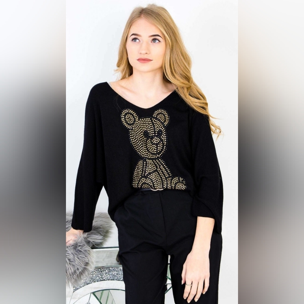 Black Graphic Teddy Bear With Gold Rhinestones Sweater Made In Italy Size Large